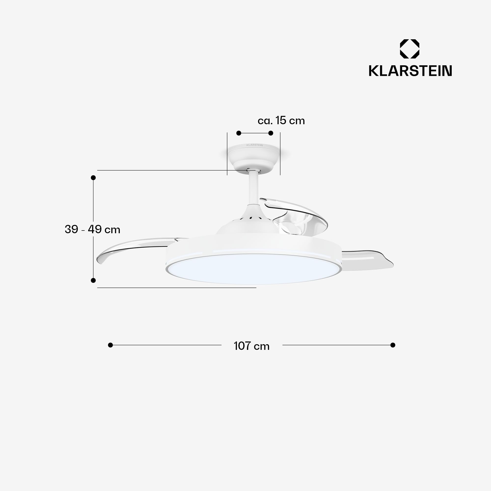 Klarstein AirFold Deckenventilator Mit Beleuchtung – Smart App Steuerung, Einziehbare Flügel, Dimmbares LED-Licht, Fernbedienung, Leise, 107cm, Weiß