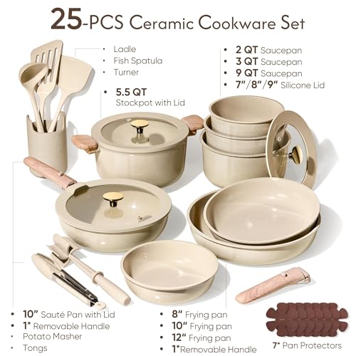 Foto de CAROTE Juego de 25 utensilios de cocina de cerámica, juego de ollas y sartenes antiadherentes, juego de cocina de RV con asas extraíbles, apto para horno, utensilios de inducción, juego de cocina no (imagen 3)