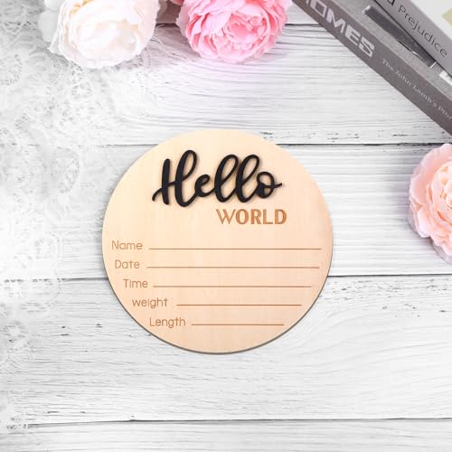 Image of Wooden Baby Announcement Sign, 5.9 Inch Hello World Newborn Sign, Hospital Birth Stat Plaque, Hospitals, Homes, Nurseries, Suitable for Newborn Boys and Girls, Birth Souvenir (Black)
