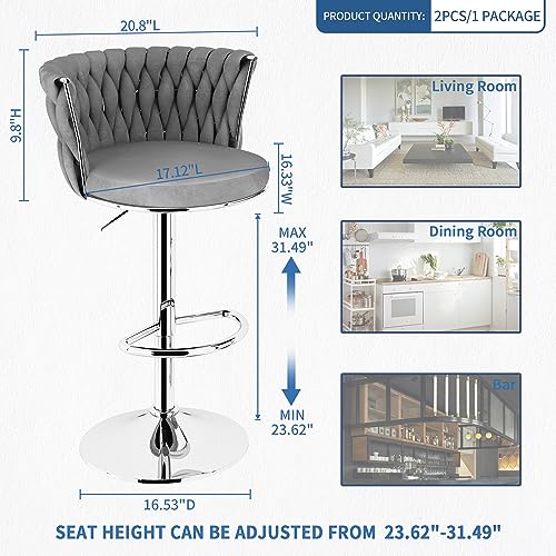 Image of AWQM Grey Bar Stools Set of 4,Modern Swivel Bar Chairs Velvet Counter Height Barstools,Adjustable Kitchen Island Chairs with High Back & Footrest for Home Pub,Big Round Base