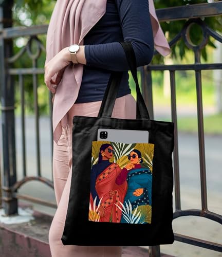 Image of ZORI Black Tote Bag With Pocket Printed Designed Canvas Tote Bags For Women large capacity,Tote bag For Shopping, College, Travel, More Canvas Handbag For Unisex Bag