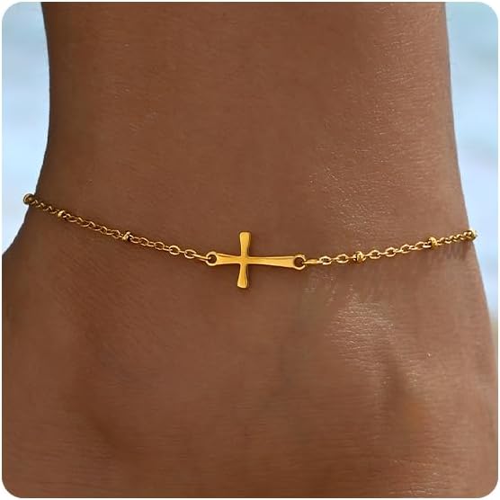 Cross Anklets for Women, 18K Gold Plated Dainty Ankle Bracelets with Colorful Beads Pearl Anklet, Adjustable Religious Christian Satellite Cross Chain, Waterproof Boho Summer Beach Jewelry
