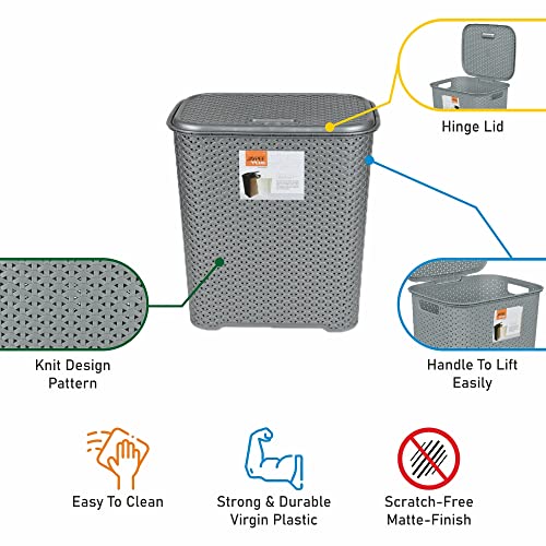 JMS we create smile - 45 Litre Plastic Laundry Hamper Bakset With Lid & Carry Out Handles - Rattan Style Washing Basket For Dirty Clothes, Toys Storage for Bathroom/Bedroom (Silver/Grey) - Image 3