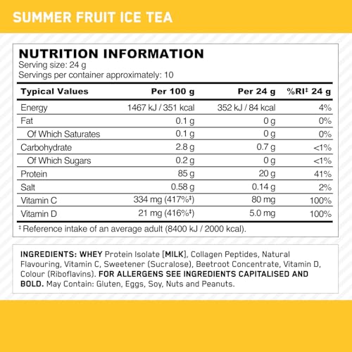 Optimum Nutrition Clear Whey + Colágeno, Té Helado Frutas de Verano, 10 g Aislado de Suero y 10 g Péptidos de Colágeno, Bebida Clara de Proteína para Articulaciones, 240 g, 10 Porciones