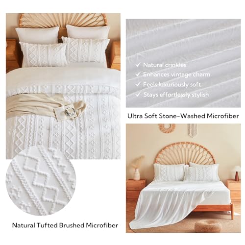 Image of MR&HM Full Size Bed Sheets and Comforter Set White, 7 Pieces Tufted Boho Beddding Sets, Farmhouse Style Bed in a Bag with 1 Comforter, 2 Pillow Shams, 2 Pillowcases, 1 Flat Sheet, 1 Fitted Sheet