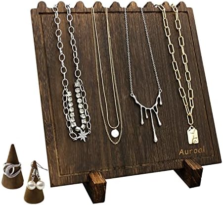 Auroal Wood Necklace Display Stand, Jewelry Display Stand For Necklaces, Necklace Holder Bust For 8 Necklaces, Bust Easel Jewelry Display for Shows, Include Necklace Display Stand 1 Pcs Ring Holder 2 Pcs(Brown)