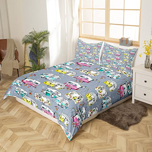Camper Van Bedding Duvet Cover Set Kids Happy Camping Bedding Set Boys Girls Nature Farmhouse Glitter Decor Comforter Cover Set Microfiber Bedspread Cover Bedroom Bedclothes Single Size - Image 2