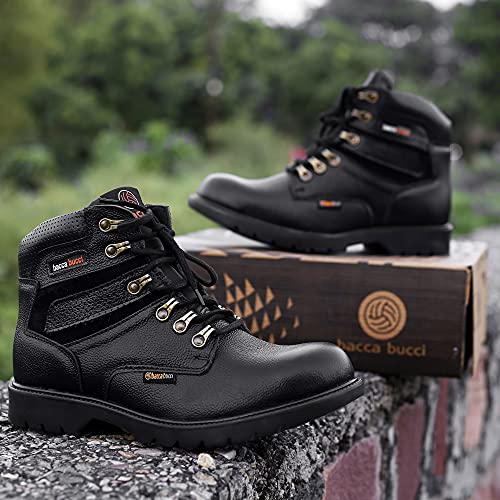 Image of Bacca Bucci Mens 6 inches Premium Steel Toe Cap Real Grain Leather Outdoor Laceup Boots /Warranted Qualtiy & Durable Boot