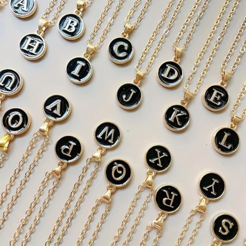Image of Giftana Alphabet Locket with Chain, Black Enamel Letter A-Z Pendant Necklace for Woman and Girls, Personalized Initial Name Gold Plated Pendant Necklace Gift for Girlfriend, Sister