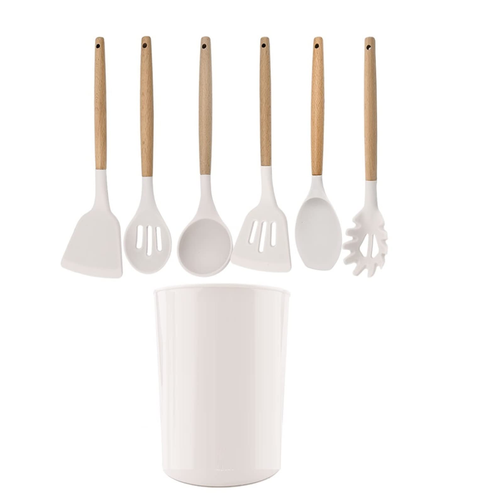 GTHTUHFD Cooking Spatulas And Spoons,Spoon Setcooking Utensils Set Silicone Kitchen Utensil Nonstick Cooking Utensils Wooden Handle Cookware Baking Gadget Set,White 7pcs
