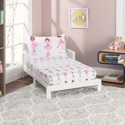 Everyday Kids 3-Piece Toddler Fitted Sheet, Flat Sheet and Pillowcase Set - Born to Dance Ballerina - Soft Breathable Microfiber Girls Toddler Sheets Set