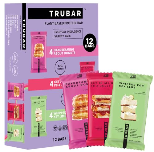 Image of TRUBAR Vegan Protein Bar Variety Pack, Assorted Flavors, Donuts, PB & Jelly, Key Lime, Gluten Free, Vegan Protein Snacks, 12G Plant-Based Protein, High Fiber, Healthy Protein Bars, 12 CT