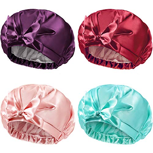 4 Pieces Shower Caps Double Layer Waterproof Bowknot Bathing Caps Reusable Silky Satin Shower Cap for Women Girls (Adult, Pink, Green, Red, Purple)