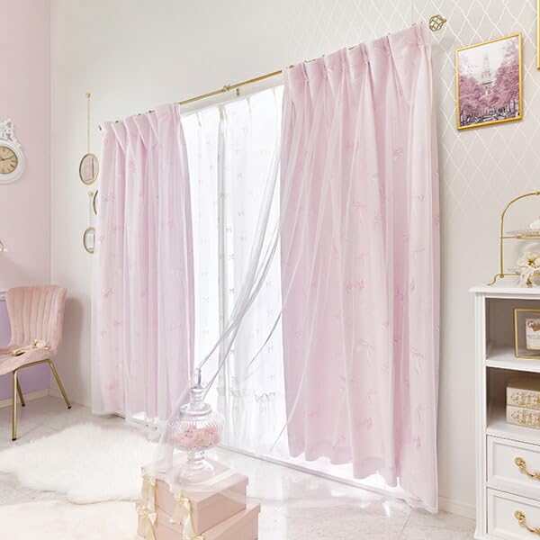 遮光　レイヤード　チュール　カーテン ピンク　100×190 ロマプリ 上飾り付きレイヤード遮光カーテン/ピンク(幅100×丈178・190・200・2枚