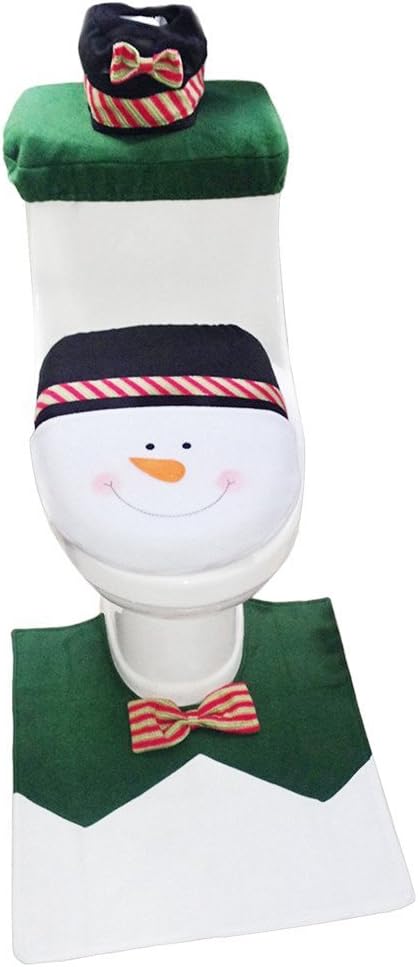 Hemara Snowman Santa Claus Toilet Seat Cover and Rug Set for Bathroom Christmas Decorations Set of 3 (Green)