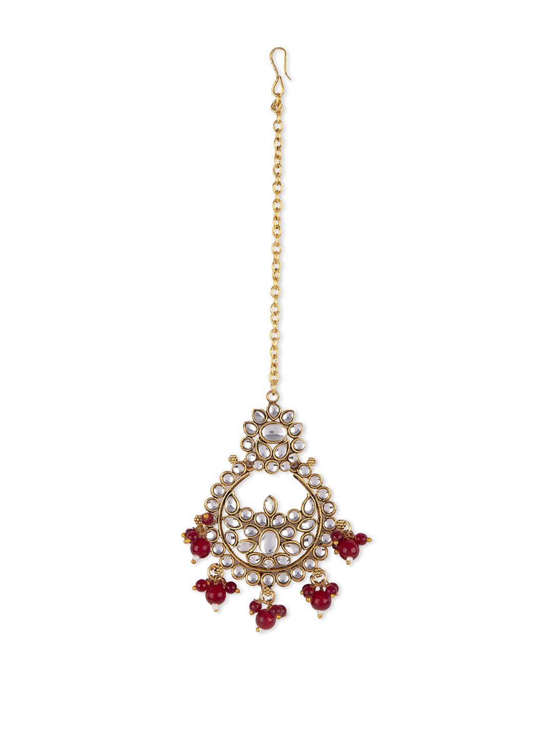 Gold Plated Kundan Red Beaded Jewellery Set with Maangtika