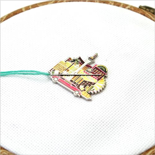 Image of Awesome Pattern Studio Needle Minder Set - Las Vegas Magnetic Needle Minder + 2 Needle Threaders + Crane Scissors. Enamel Pin for Cross Stitch, Embroidery and Craft