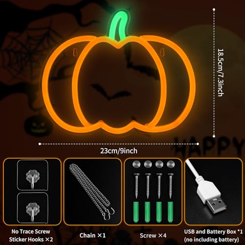 Image of Halloween Decorations Pumpkin Neon Sign, 7.3*9in Dimmable Neon Sign Hanging for Wall, Indoor Cute Vintage Fall Thanksgiving Decor for Table Home Kitchen Bedroom Living Room Bar Pub Club Party, Indoor Battery Operated or USB