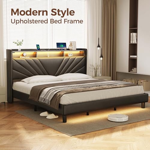 Image of Rolanstar King Size Bed Frame, Storage Headboard with Charging Station and LED Lights, Upholstered Bed with Heavy Duty Wood Slats, No Box Spring Needed, Noise Free, Easy Assembly, Black
