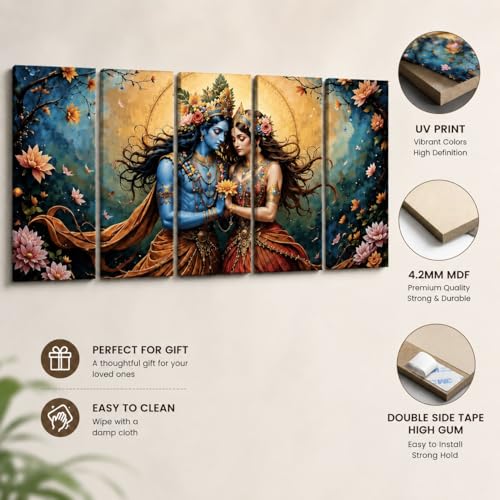 Image of RAVLEX Radha Krishna Wall Painting Wooden Framed UV Printed Wall Art for Living Room Bedroom Home Decor, 5 Panel Religious Wall Frame for Office Hotel Drawing Room, 24x48 Inch