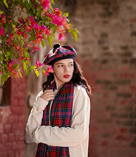 Image of Scottish Tam O' Shanter Hat Tartan Bonnet Pom Pom Wool Flat Cap One Size