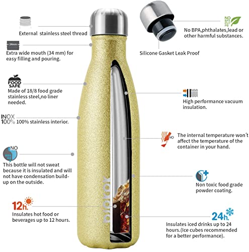 Image of BJPKPK Insulated Water Bottles 17oz Stainless Steel Sports Water Bottles Keep Cold for 24 Hours and Hot for 12 Hours,BPA Free,Glitter Gold