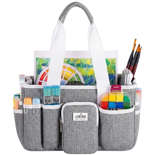 Image of JJRING Foldable Craft Organizer Tote With Zipper & Divider, Grey | Portable Art Storage Caddy Bag For Scrapbooking, Sewing, Artist & Home