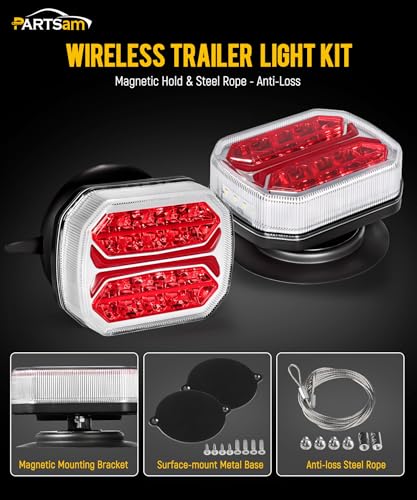 Image of Partsam Wireless Trailer Light Kit, Portable Magnetic Tail Lights for Towing, Stop Brake Turn Signal License Plate Tail Lights with Strong Magnets Suction Cup 7-Pin Plug for Trucks Trailers 12-24V