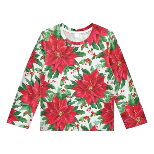 Red Poinsettia Holly Berries White Rash Guard Shirt for Boys Sun Protection Shirt for Toddler Kid UPF50+ 5-6T