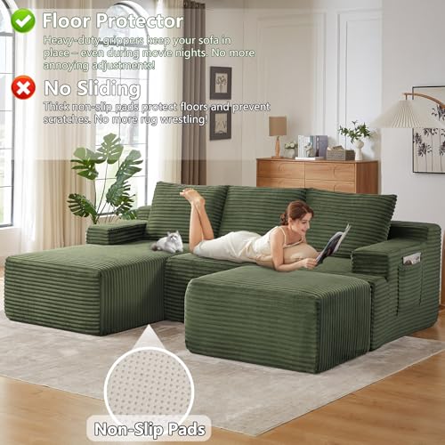 Image of 96.1 inch Modular Sectional Sofa with Ottoman, Modern Corduroy Cloud Couch, Boneless Couch Upholstered 3-Seater U-Shaped Sofa for Living Room, No Assembly (Green, Right-Facing Chaise)