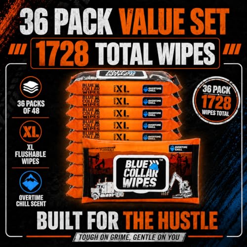 Image of XL Flushable Adult Wet Wipes - Biodegradable, Sewer & Septic Safe - Overtime Chill Scent - 36 Resealable Packs of 48