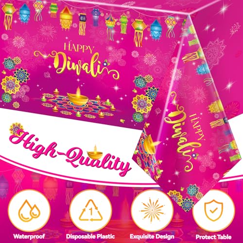 Image of Miucat 3Pcs Diwali Decorations Tablecloth, Waterproof Plastic Table Cover Diwali Table Cloth for Indian Diwali Light Celebration Party Supplies Decorations, 54x108 Inch