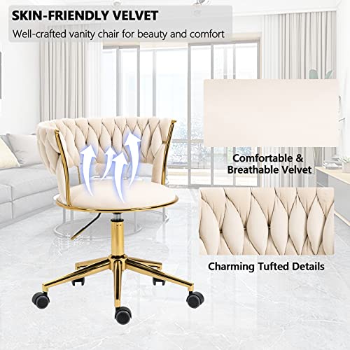 Modern Velvet Home Office Chair, Upholstered Cute Desk Chair with Woven Tufted Back and Golden Metal Legs, Adjustable Swivel Task Chair with Wheels for Living Room Bedroom Study Vanity, Ivory - Thumbnail 6