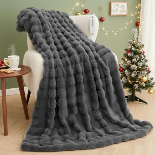 Manta Eléctrica Calefactora 130x180cm, Bunny Fleece & Franela, 4 Ajustes de Calor & Auto-Apagado 10H, Manta Térmica Lavable a Máquina Calentamiento Rápido para Cama Sofá Oficina (Gris Oscuro)