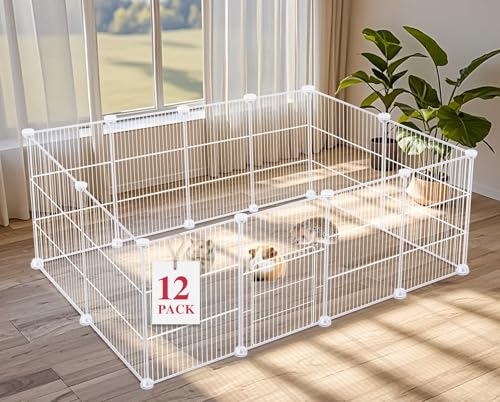 Image of VISCOO 12 Panels Small Animal Playpen,Pet Playpen,C&C Cage for Guinea Pigs,Puppy Play Pen,Bunny Playpen Indoor Outdoor, Portable Metal Wire Yard Fence(White)