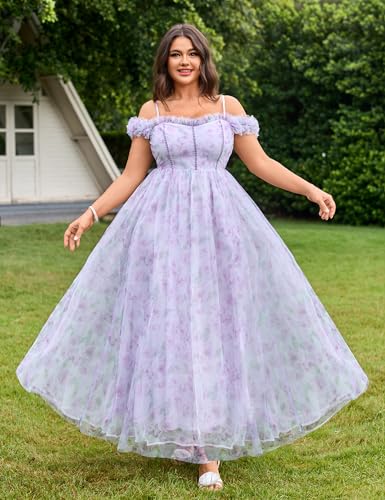 Image of EYWOL Plus Size Formal Wedding Guest Cocktail Party Floral Dress with Slit | Sweetheart, A Line, Midi\Maxi, Tulle, Curvy, Adjustable Straps, Smocked Back, Black Tie, Evening, Gown, Gala, Prom