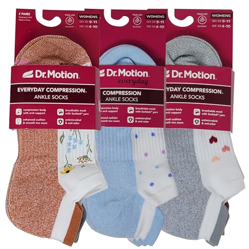 Image of Dr. Motion 6 Pairs Womens Low Cut Ankle Cushioned Breathable Compression Socks