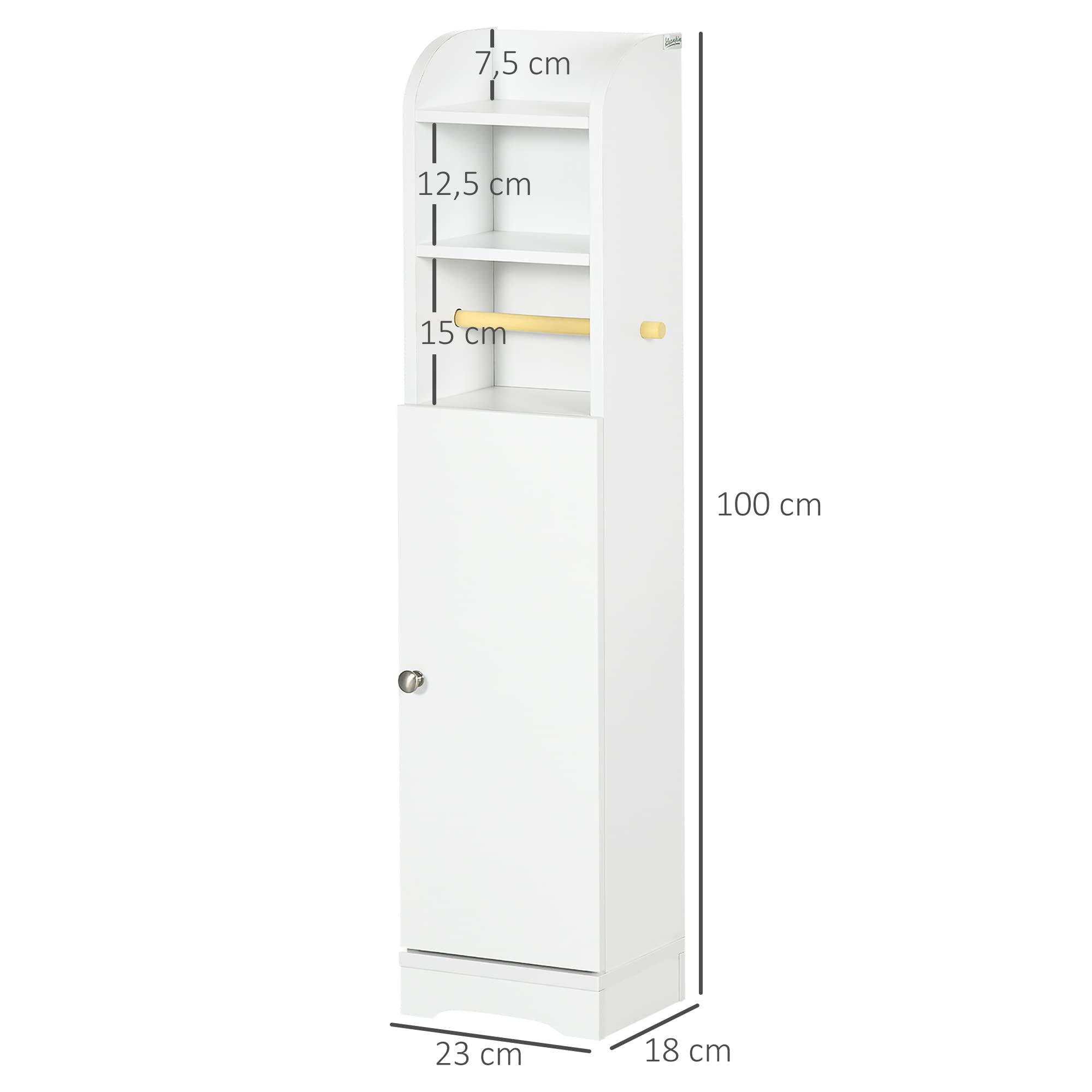 kleankin Armario de Baño Columna Auxiliar de Baño Armario Multiusos con Estante Ajustable y Portarrollos de Papel para Dormitorio 23x18x100 cm Blanco