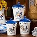 French Rooster Ceramic 3‑Piece CANISTER SET, farmhouse kitchen storage jars with rooster motifs and cobalt trim, perfect for coffee, sugar, flour, baking supplies