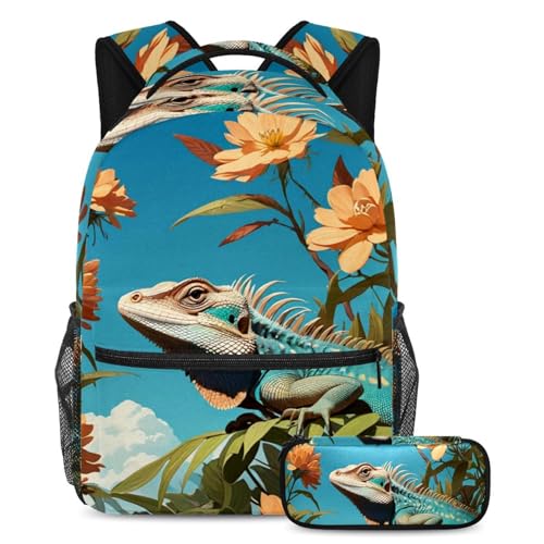 Sac à dos motif lézard et fleur pour les cours, grand sac de jour avec trousse assortie