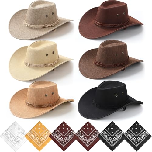 Image of Zhanmai 12 Pcs Cowboy Hat and Bandana Cowboy Cowgirl Hats Bulk Western Party Costume Halloween Accessory