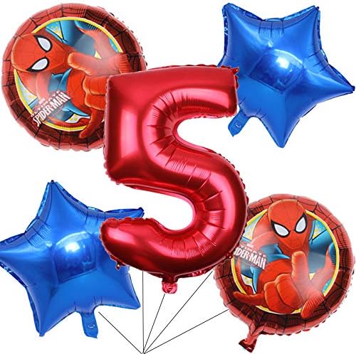 BCD-PRO Superhero Spiderman Balloons Bouquet 5th Birthday 5 pcs - Party Supplies - Ribbons included