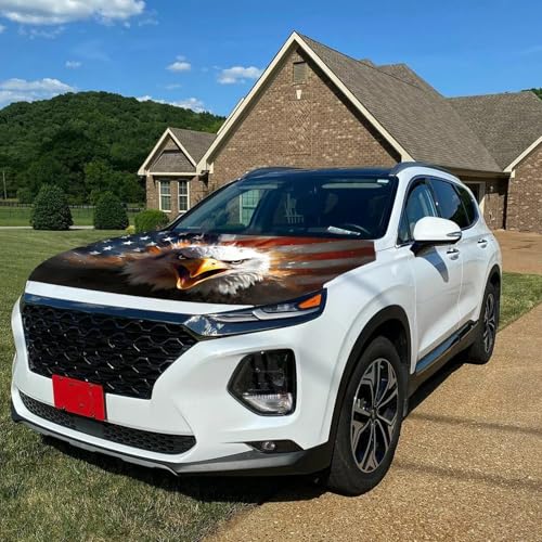Image of American Car Hood Cover - 59x51 in Car Hood Cover Eagle Flag Bonnet Banner with 2 Adjustable Triangular Fasteners, Universal Fit for Trucks, SUV, Patriotic America Flag Cars Decor