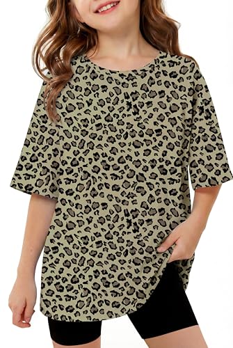 Arshiner T-Shirt Fille Motif Léopard, Manches Courtes, Col Rond, Haut d'Été Décontracté pour Enfant, Tee-Shirt Casual 9-10 Ans