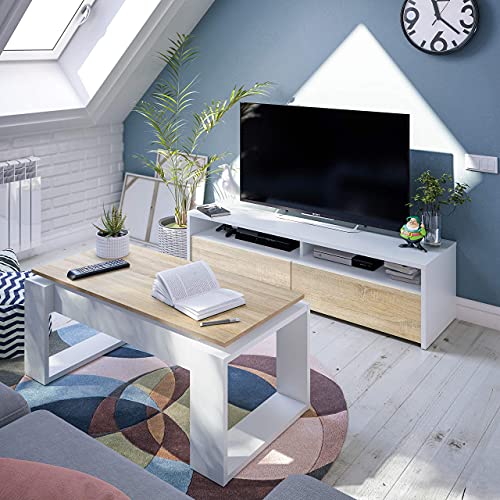 Mueble-de-Salon-modulo-de-Comedor-Kioto-Acabado-Color-Blanco-Artik-y-Roble-Canadian-Medidas-130-cm-Ancho-x-355-cm-Alto-x-402-cm-Fondo