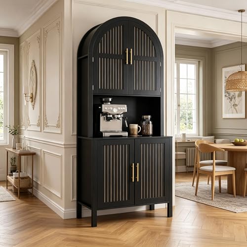 Image of 76 inch Tall Arched Kitchen Pantry,Large Storage Cupboard with Fluted Doors,Microwave Shelf,Modern Wooden Buffet Sideboard,Adjustable Shelves,Cabinet for Dining,Living Room,Black