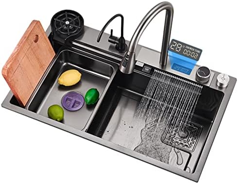 Black Nano Kitchen Sink 304 Stainless Steel Waterfall Sink Single Bowl Workstation Kitchen Sink With Multifunctional Digital Display Fly Rain Pull-Out Faucet And Sink Accessories（31.5x18x8.7 Inch）