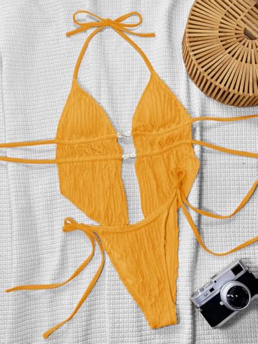 Image of RoseSeek Women's 2 Piece Boho Polka Dots Beaded Bikini Sets Sexy Swimsuits | Halter Swimsuits, Backless, Textured, Tie Side, Tankini Set, Bathing Suits, Summer, Vacation