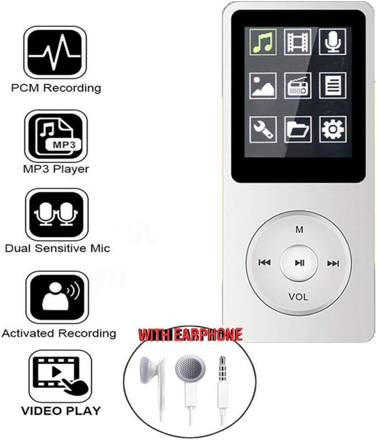 XWWS Portable MP3 Player, Sports Music Player Lossless Sound Music Player FM Recorder TF Card 80 Hours Mp3 Player,White : Electronics