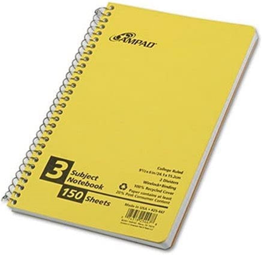 AmpadNotebook 3 Subject with 2 Dividers, College Rule, 6 x 9.5 Inches, Assorted Colors, 150 Sheets Per Notebook, Asst Colors (25-447) Pack of 1